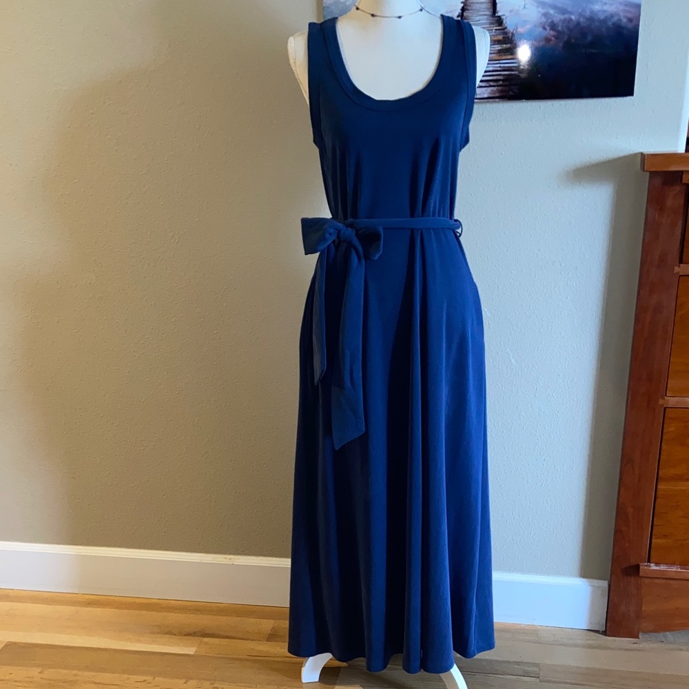 Maxi Dress Tank Top Scoop Neck Relaxed Fit Sleeveless w/ Tie Belt & Pockets BLUE